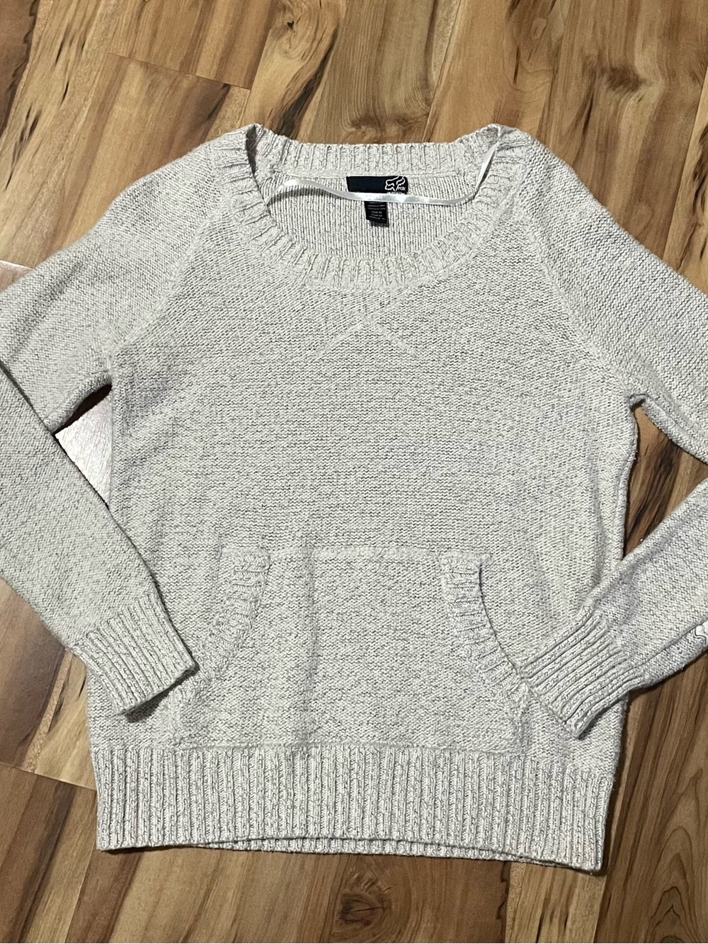 Fox Racing Gray Textured Knit Sweater Scoop Neck Kangaroo Pocket Sleeve Logo M
